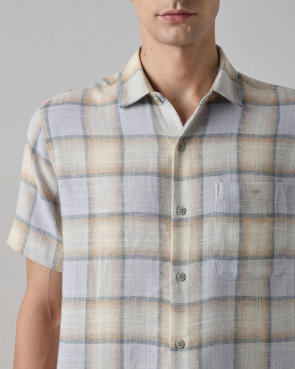 Beige Square Check Slim Fit Casual Shirt