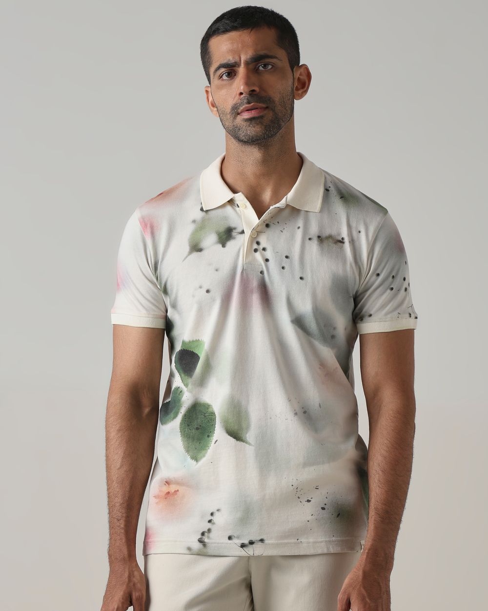 Off White Leaf Print Polo