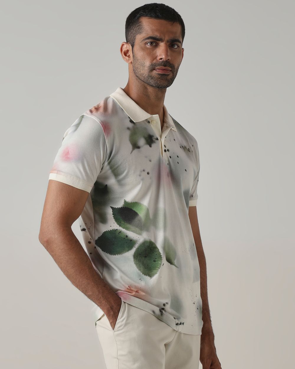 Off White Leaf Print Polo