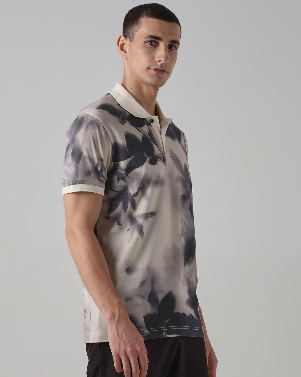 Light Grey Leaf Print Polo
