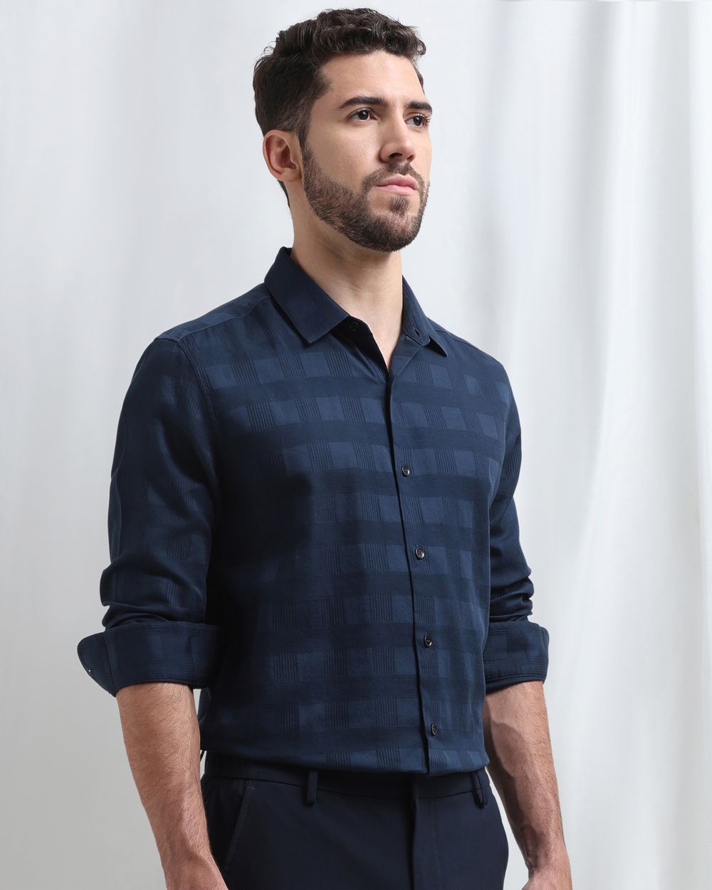 Navy Dobby Check Slim Fit Casual Shirt