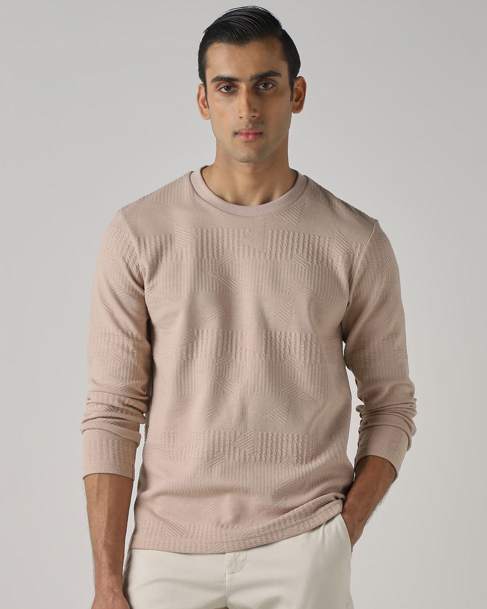 Beige Textured Plain T-Shirt