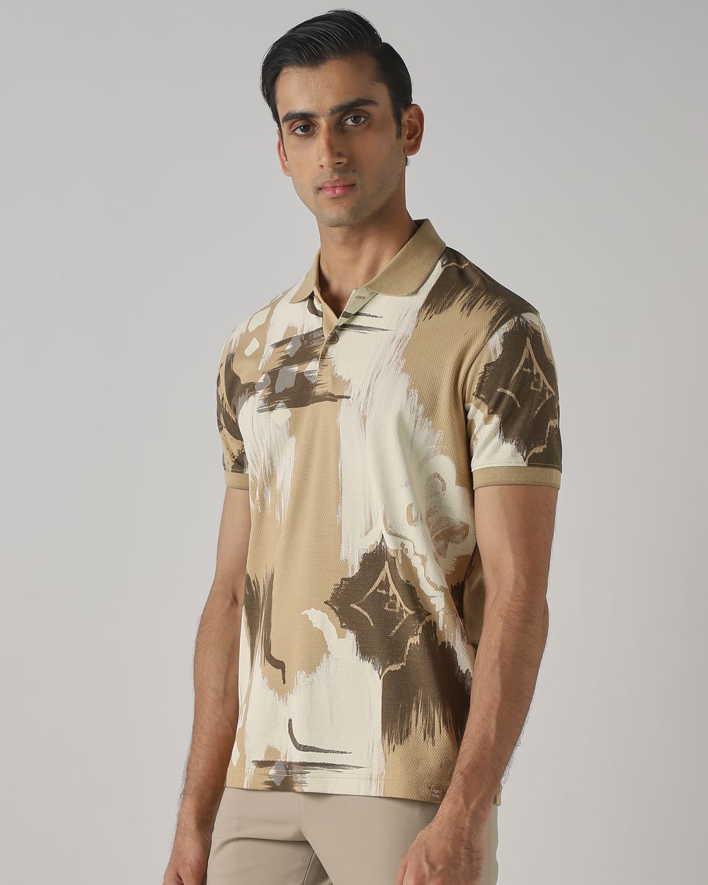 Light Khaki Abstract Print Stretch Polo