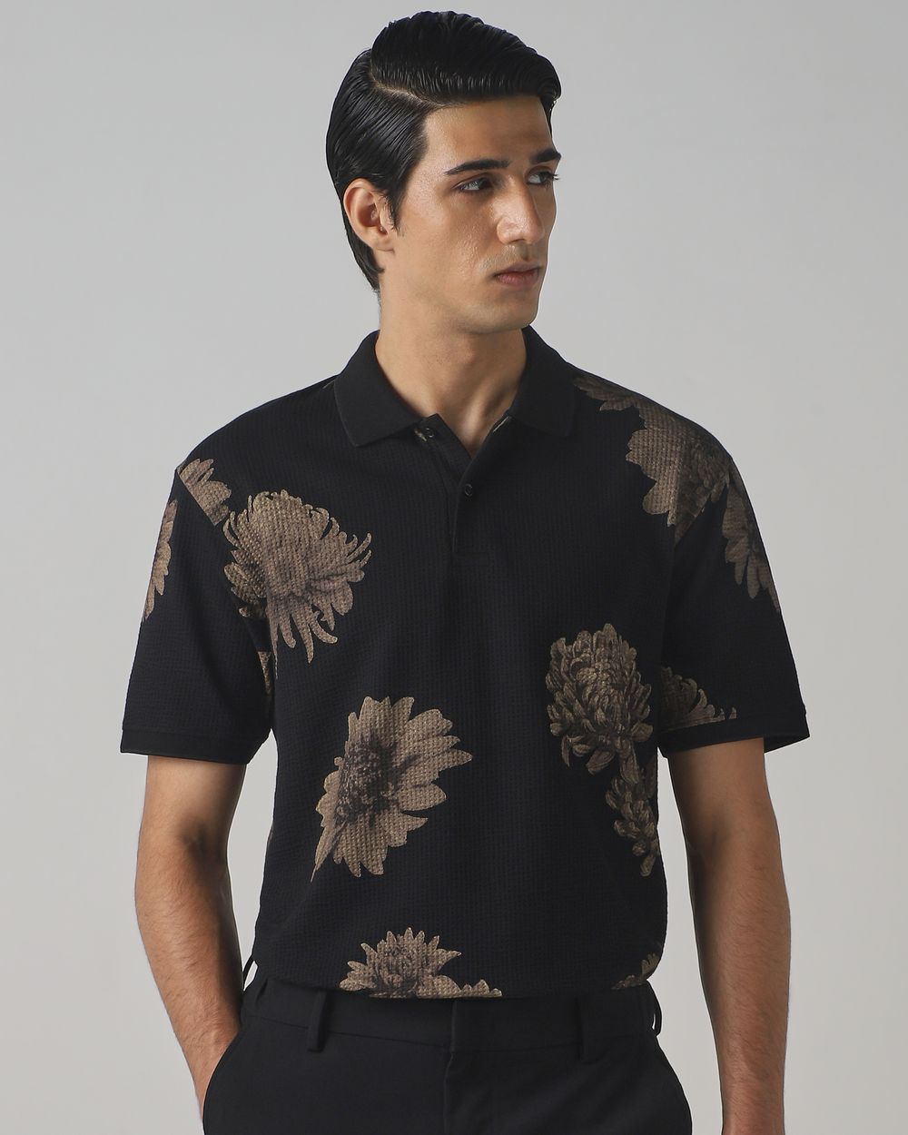 Black Seersucker Print Stretch Polo