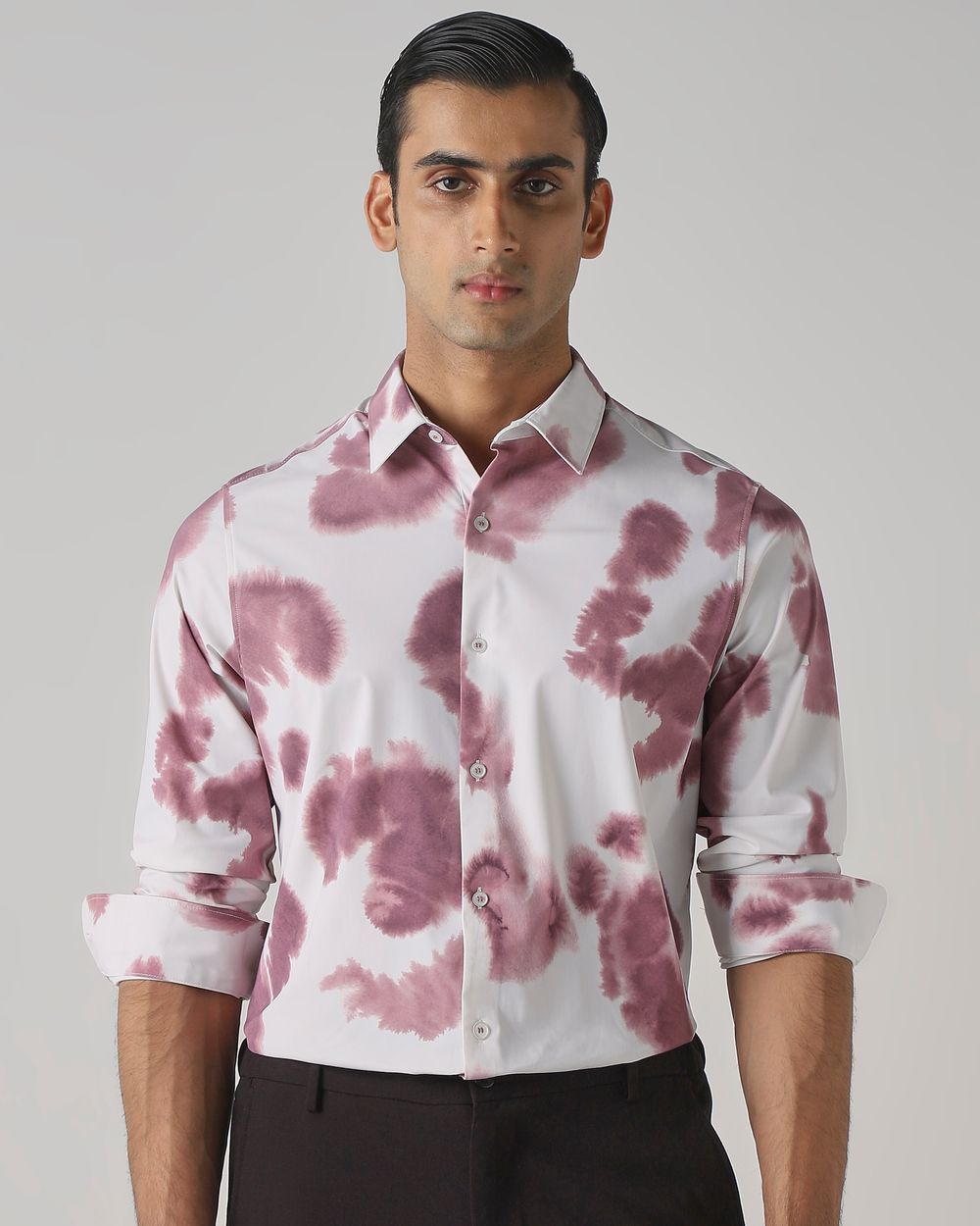 Pastel Pink Scuba Stretch Print Slim Fit Casual Shirt