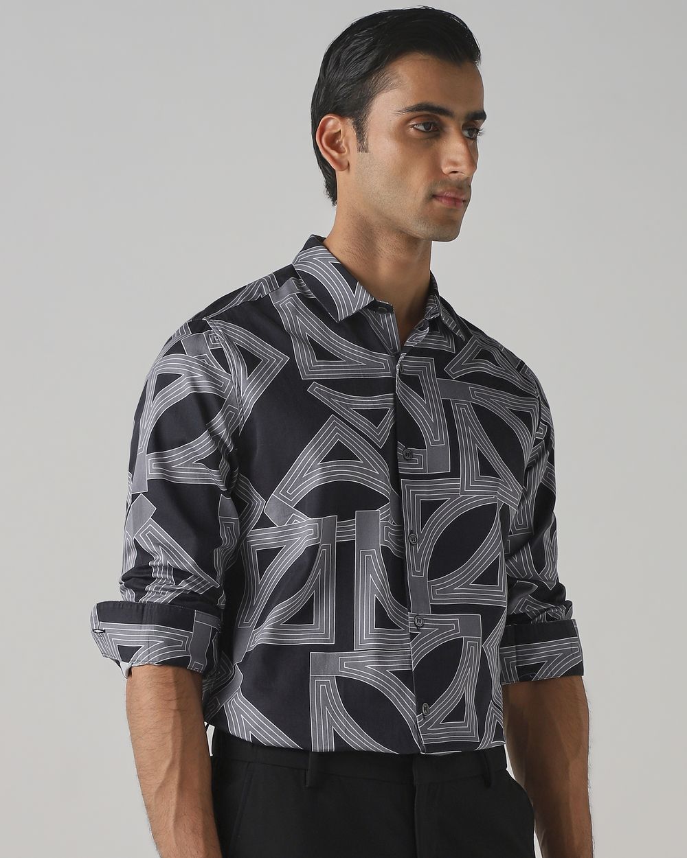Charcoal Abstract Print Slim Fit Casual Shirt