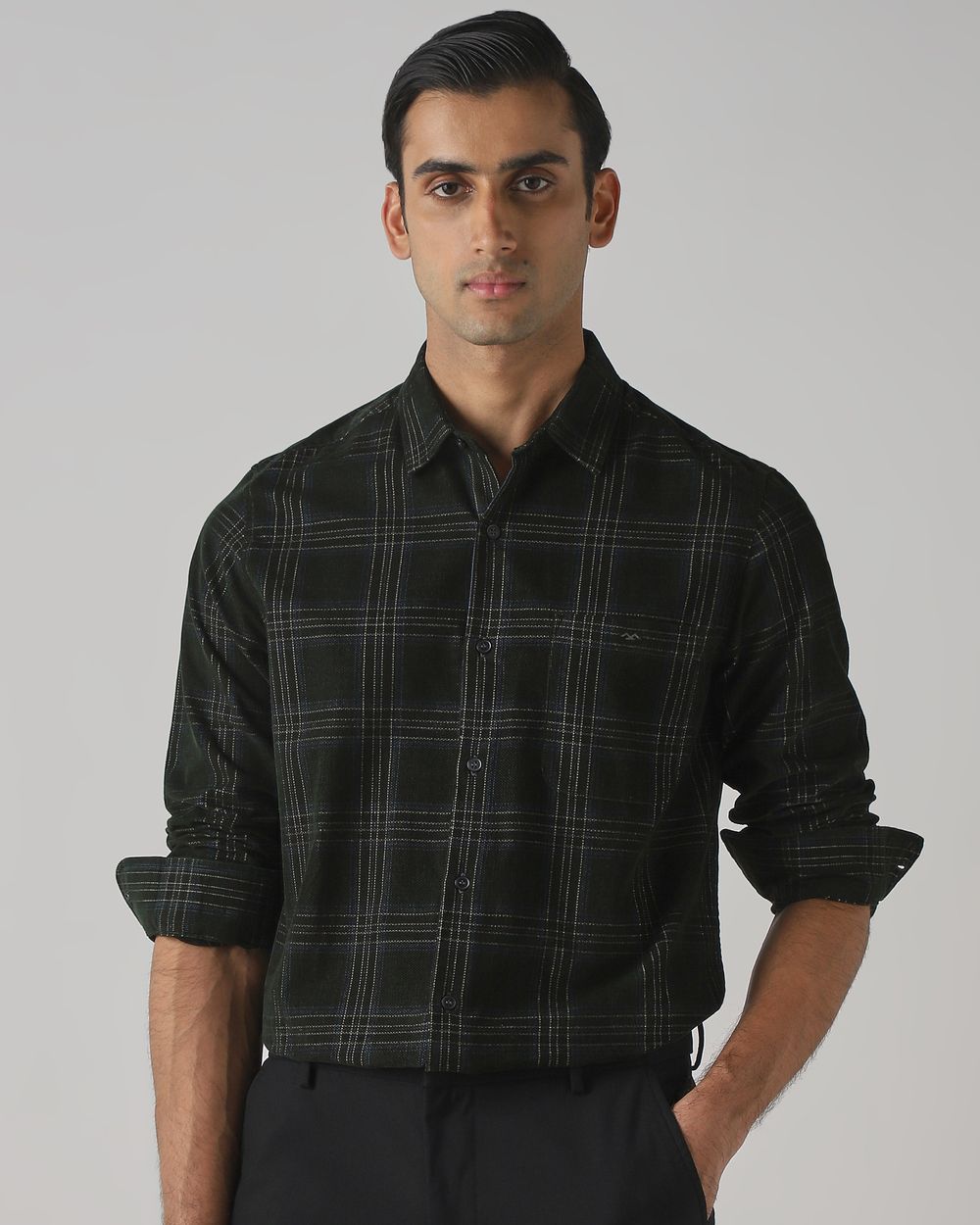 Dark Green Corduroy Check Slim Fit Casual Shirt