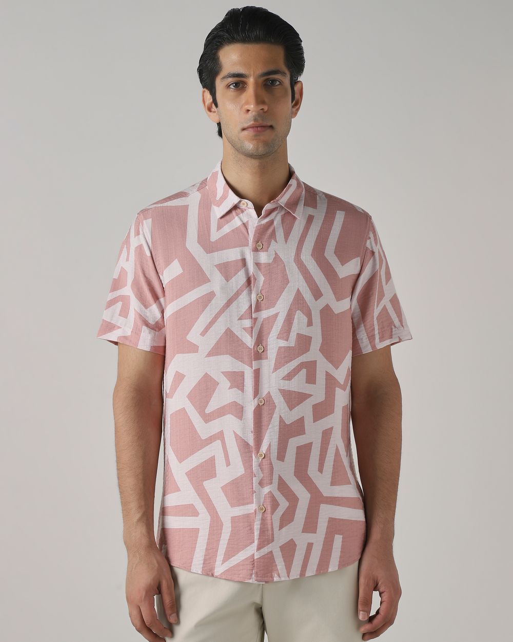 Pastel Pink Abstract Print Slim Fit Casual Shirt