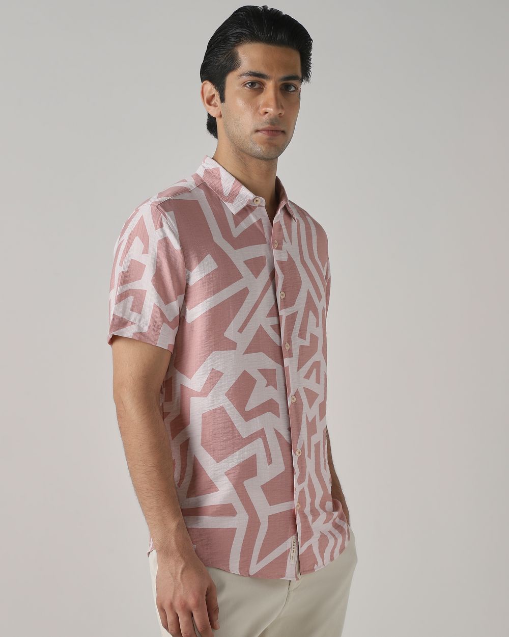 Pastel Pink Abstract Print Slim Fit Casual Shirt