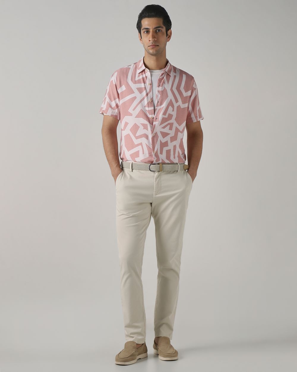 Pastel Pink Abstract Print Slim Fit Casual Shirt