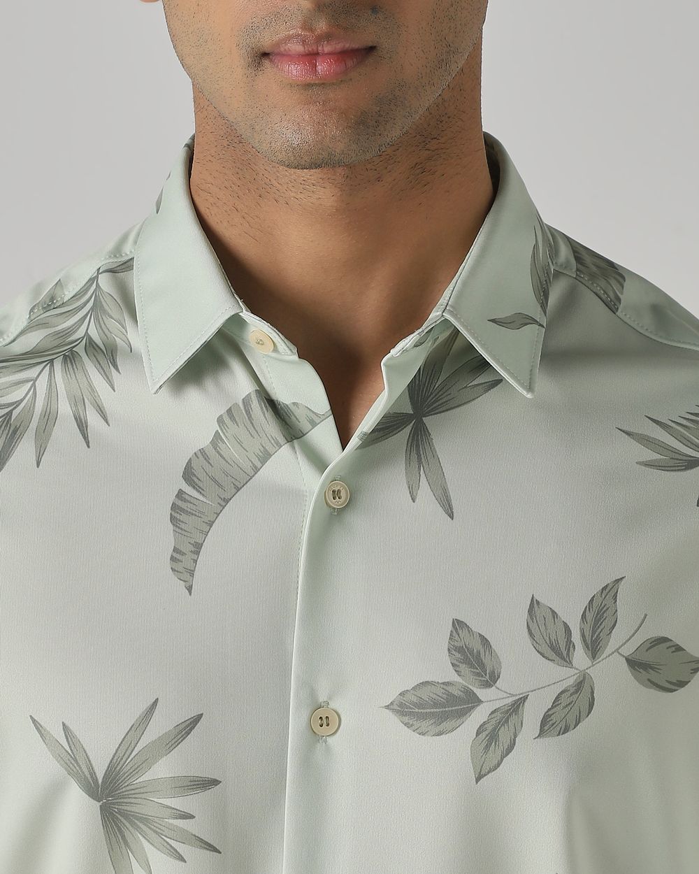 Sage Leaf Print Stretch Slim Fit Casual Shirt