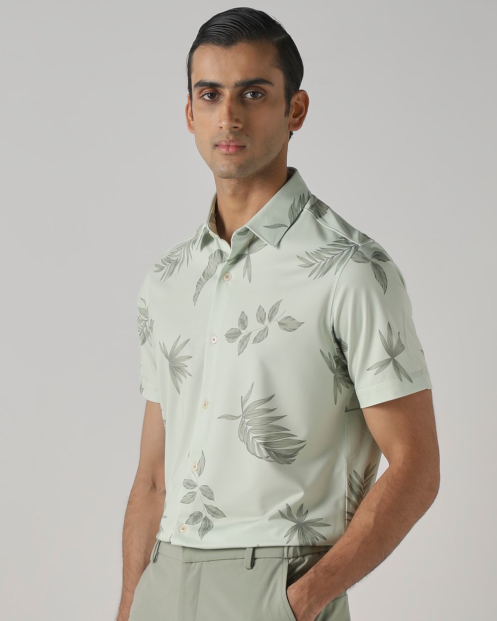 Sage Leaf Print Stretch Slim Fit Casual Shirt