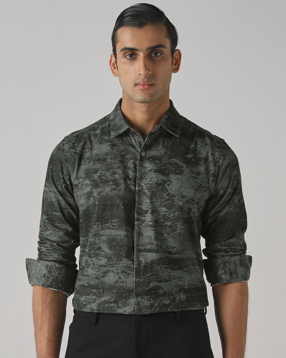 Olive Corduroy Print Slim Fit Casual Shirt