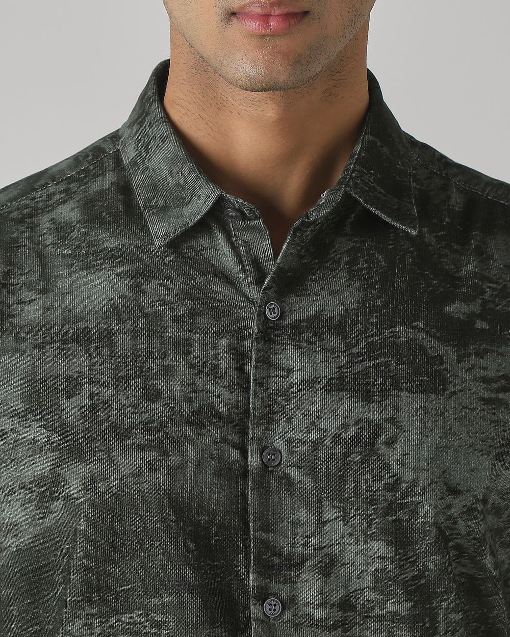 Olive Corduroy Print Slim Fit Casual Shirt