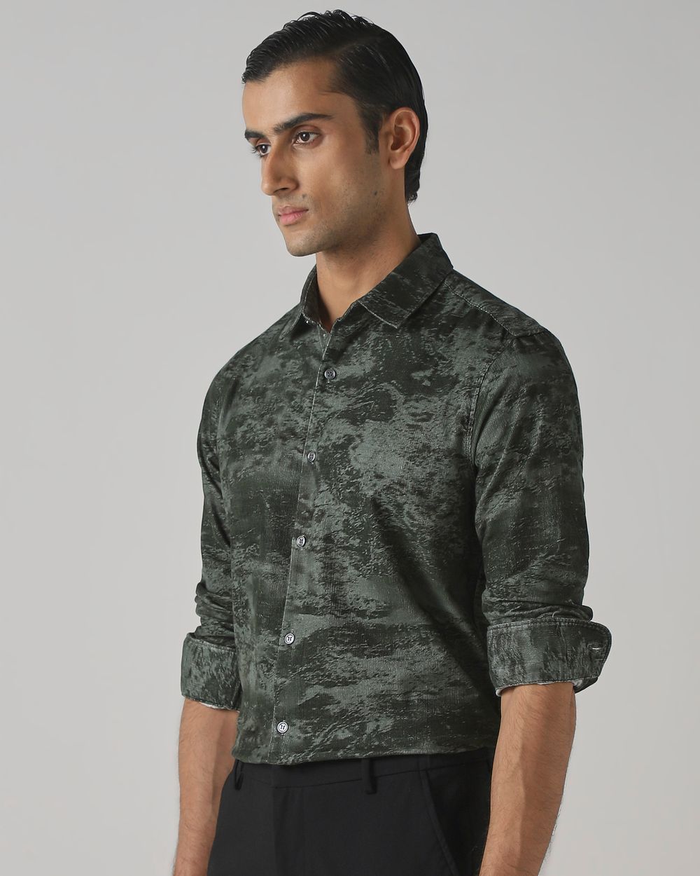 Olive Corduroy Print Slim Fit Casual Shirt