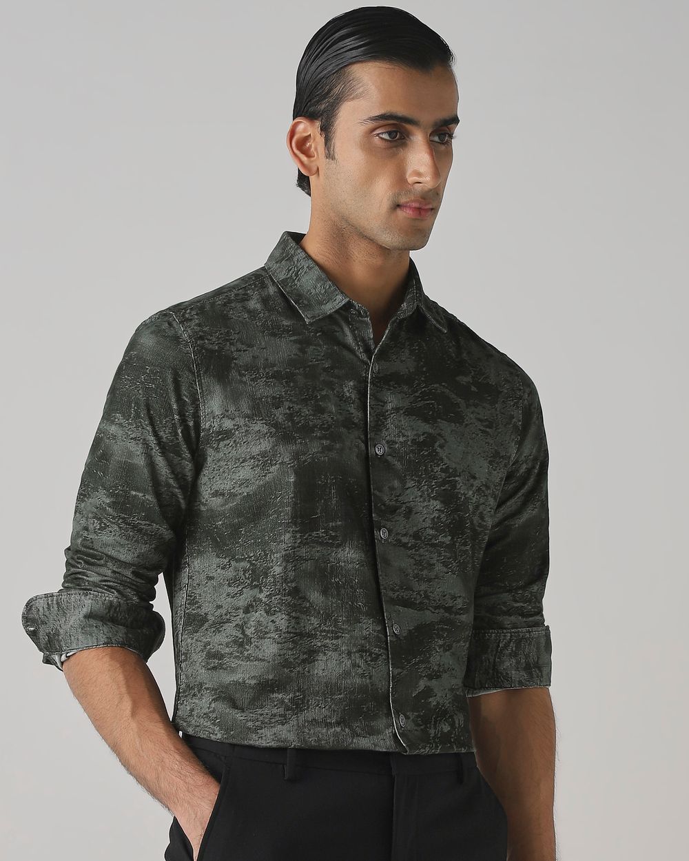 Olive Corduroy Print Slim Fit Casual Shirt