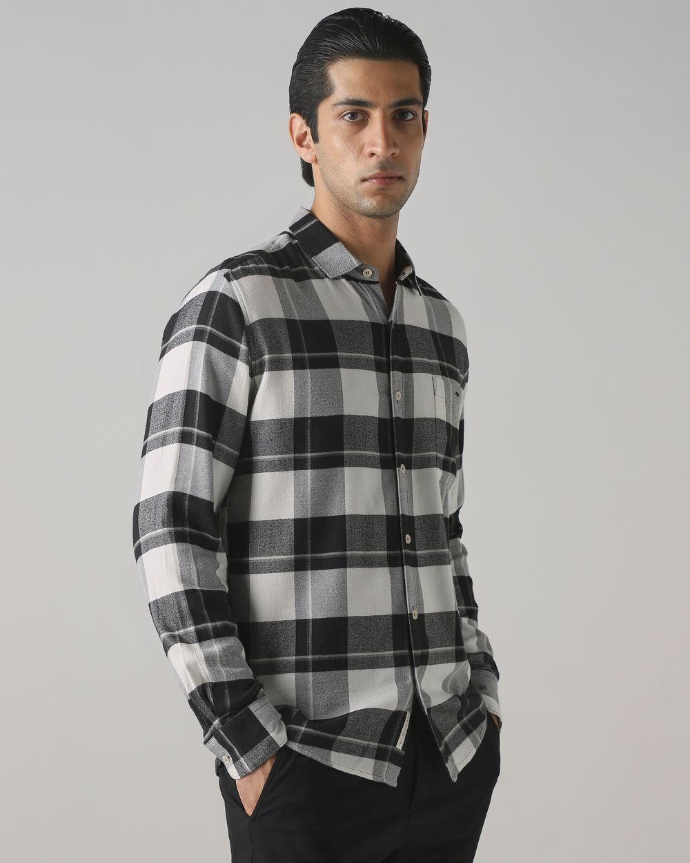 Charcoal Flannel Check Slim Fit Casual Shirt