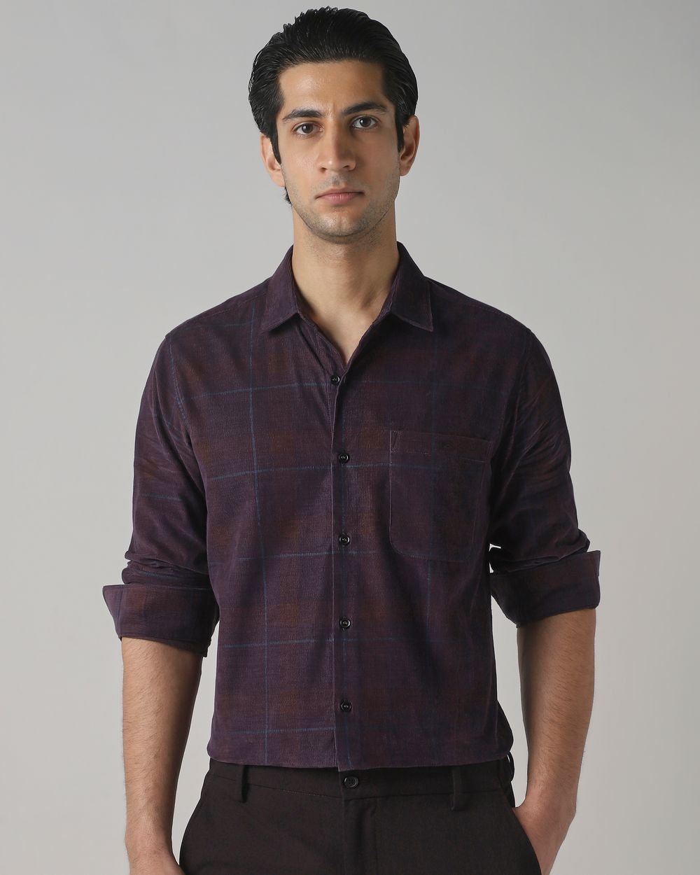 Plum Corduroy Check Slim Fit Casual Shirt