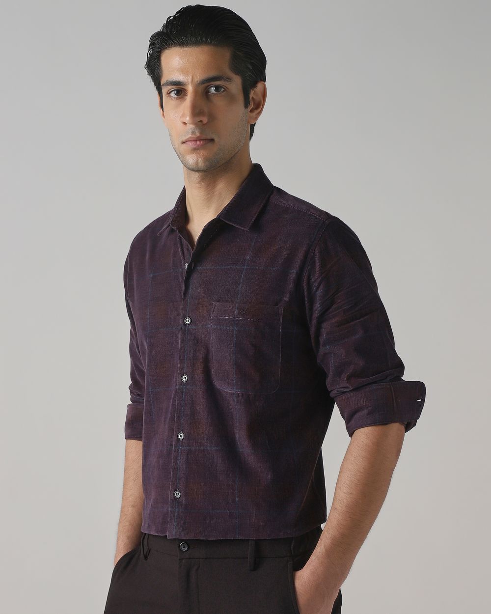 Plum Corduroy Check Slim Fit Casual Shirt