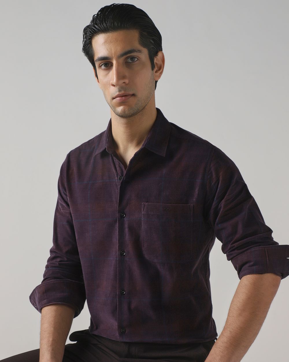 Plum Corduroy Check Slim Fit Casual Shirt