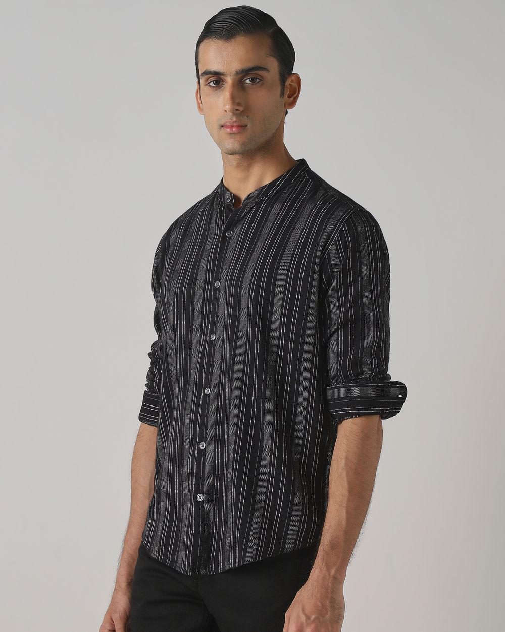 Black Dobby Stripe Slim Fit Casual Shirt