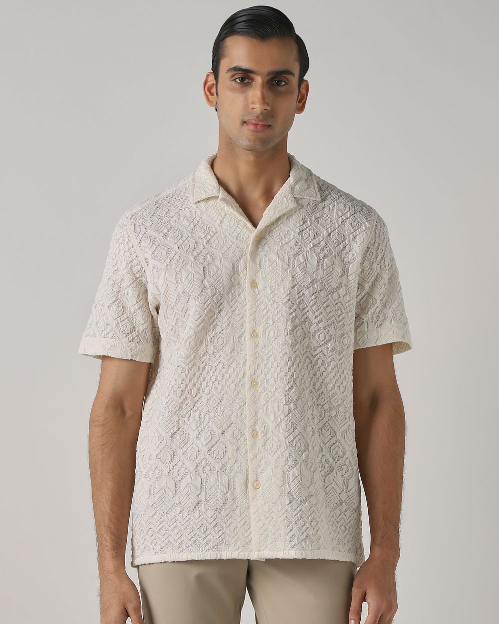 Off White Jacquard Plain Stretch Relaxed Fit Casual Shirt
