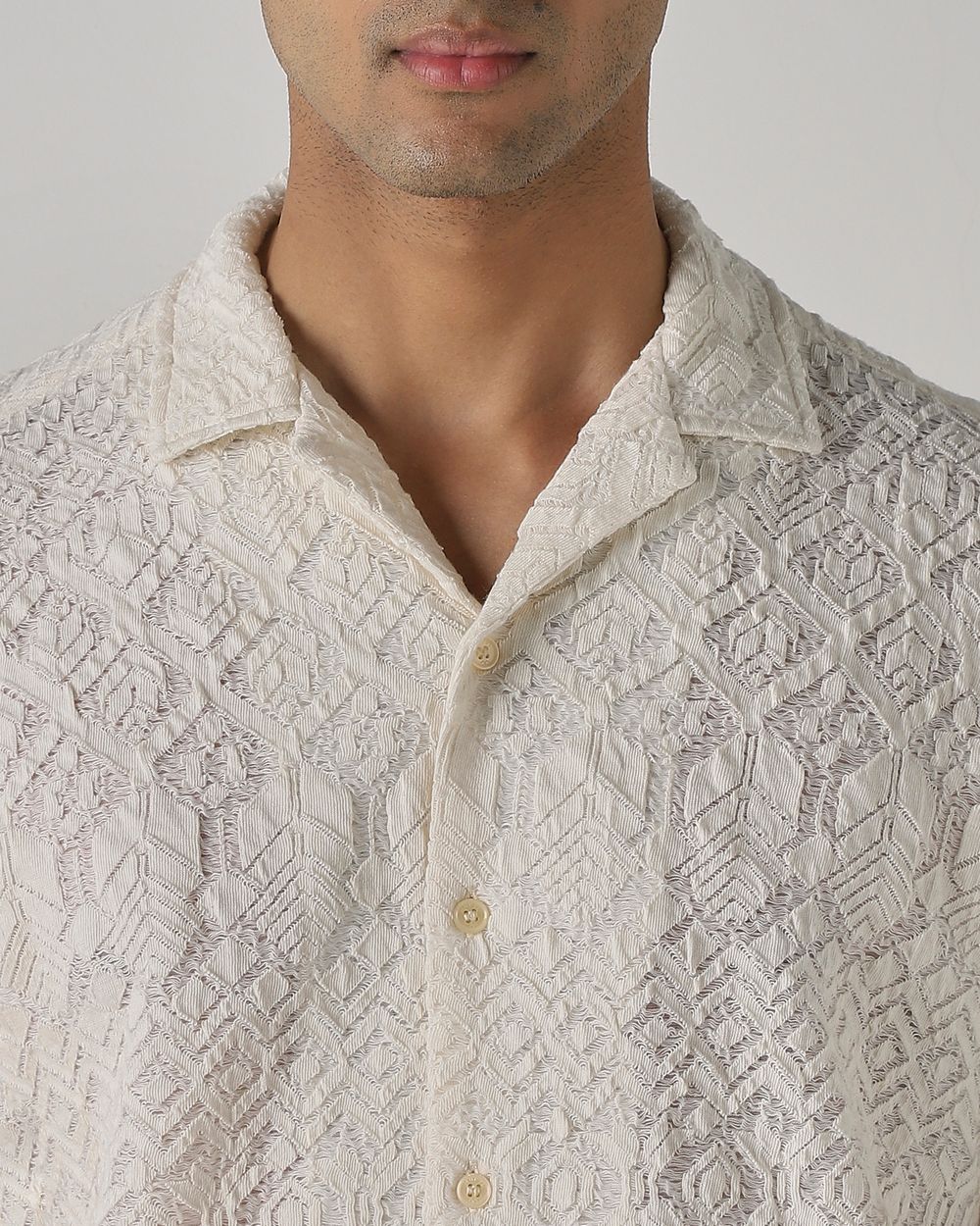 Off White Jacquard Plain Stretch Relaxed Fit Casual Shirt