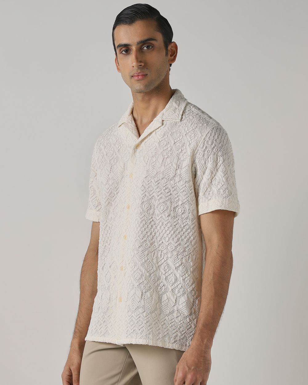 Off White Jacquard Plain Stretch Relaxed Fit Casual Shirt