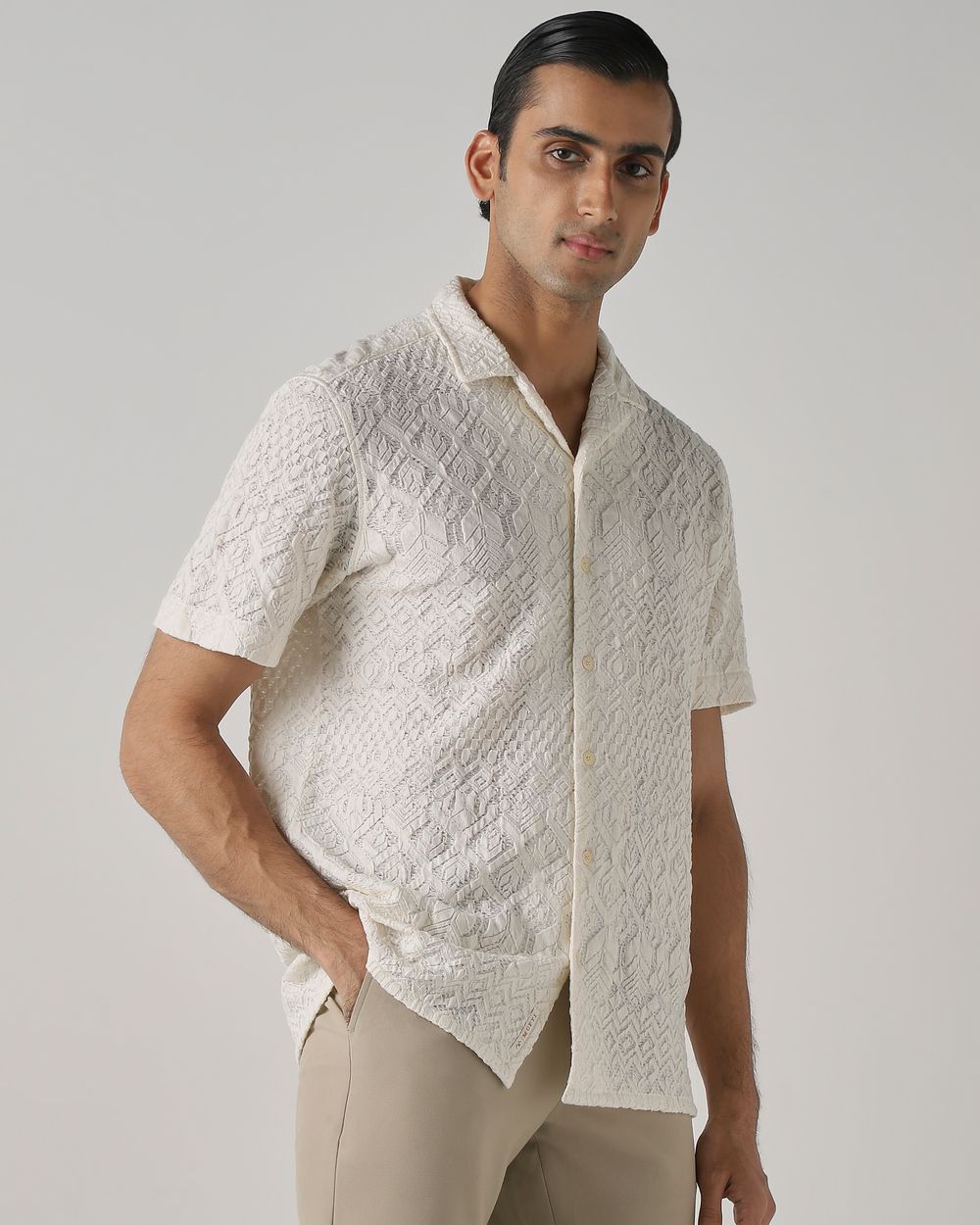 Off White Jacquard Plain Stretch Relaxed Fit Casual Shirt