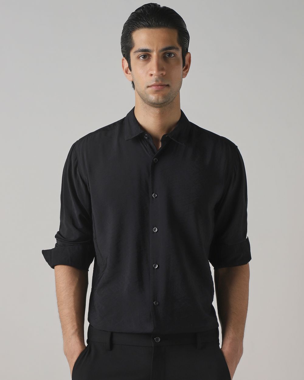 Black Viscose Plain Slim Fit Casual Shirt