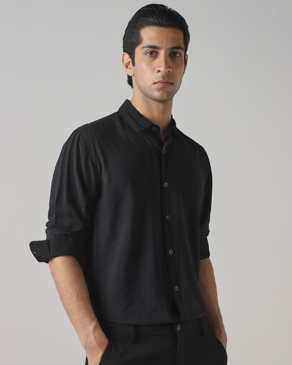 Black Viscose Plain Slim Fit Casual Shirt