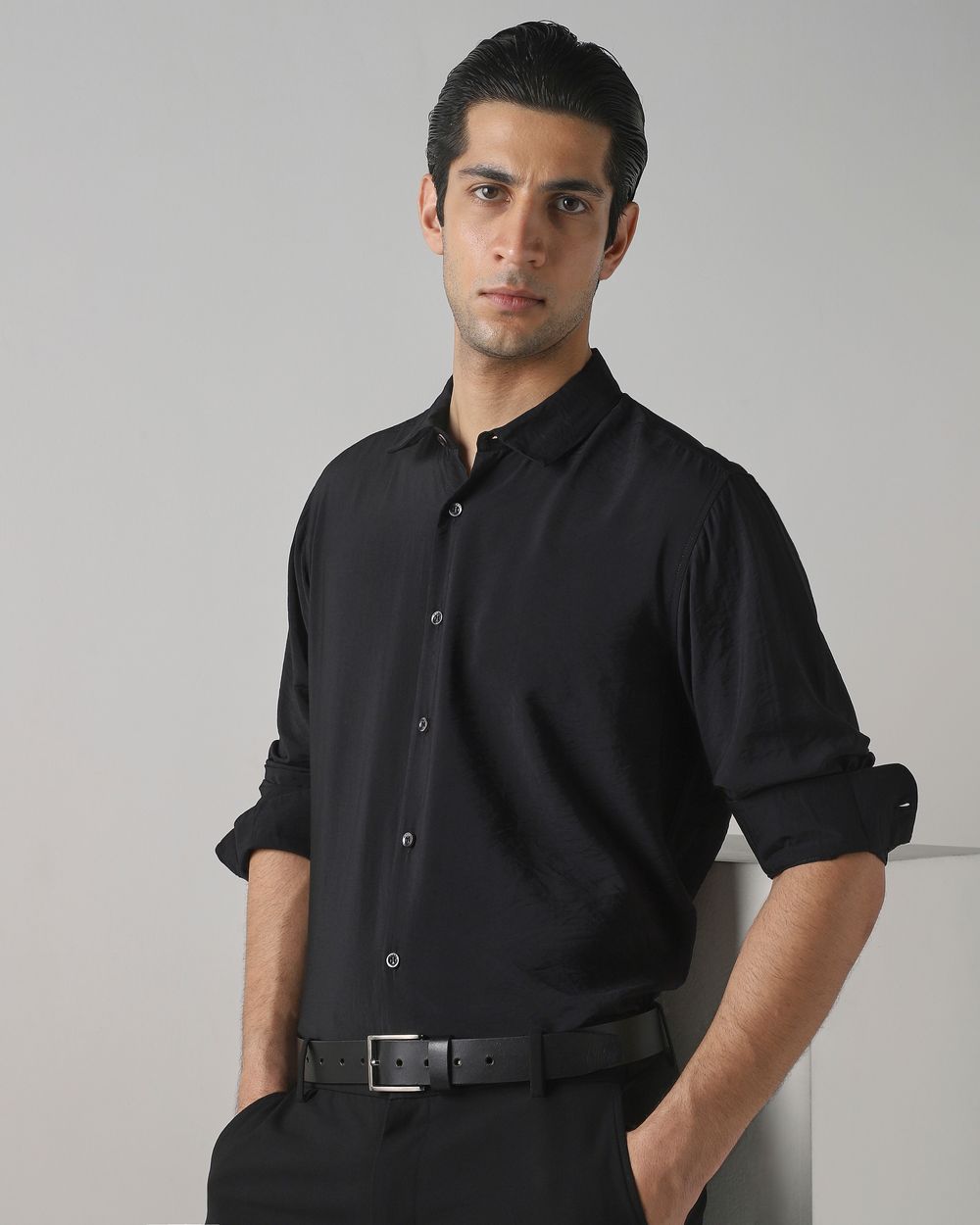 Black Viscose Plain Slim Fit Casual Shirt