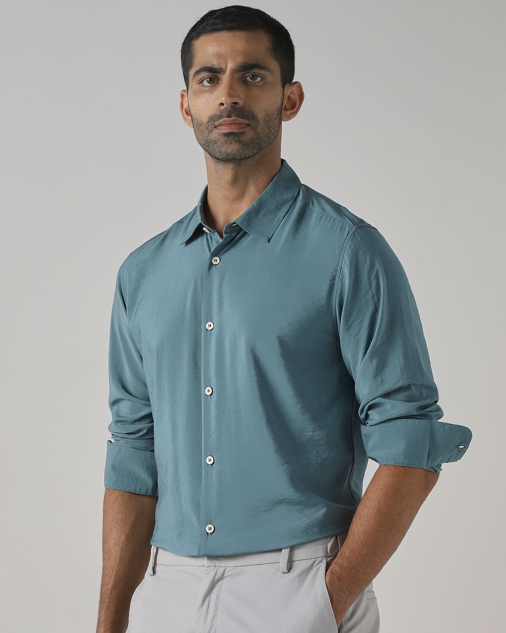 Teal Viscose Plain Slim Fit Casual Shirt