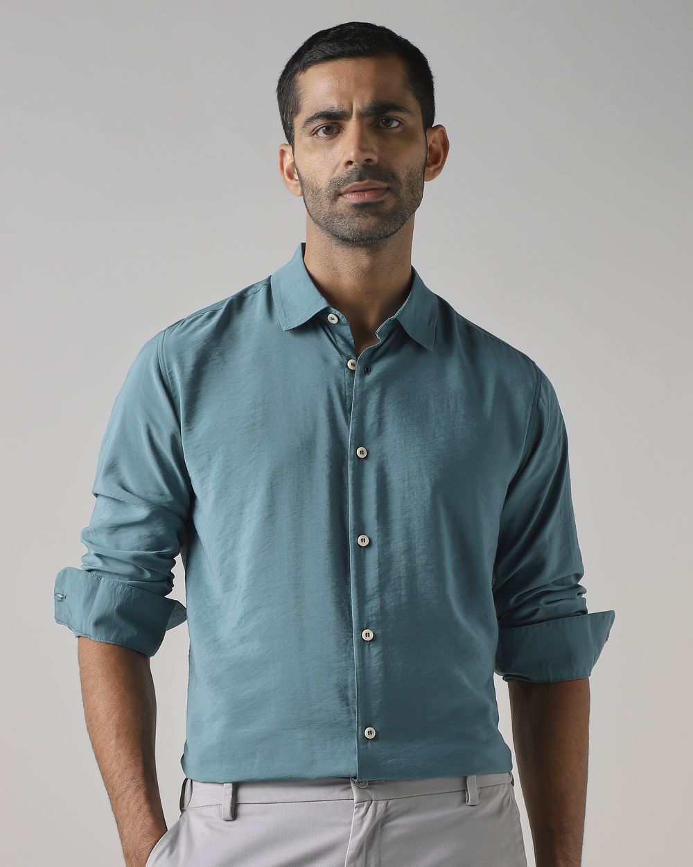 Teal Viscose Plain Slim Fit Casual Shirt