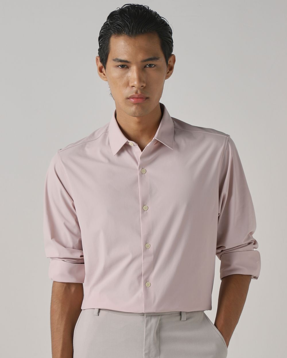Pink Knitted Plain Stretch Slim Fit Casual Shirt