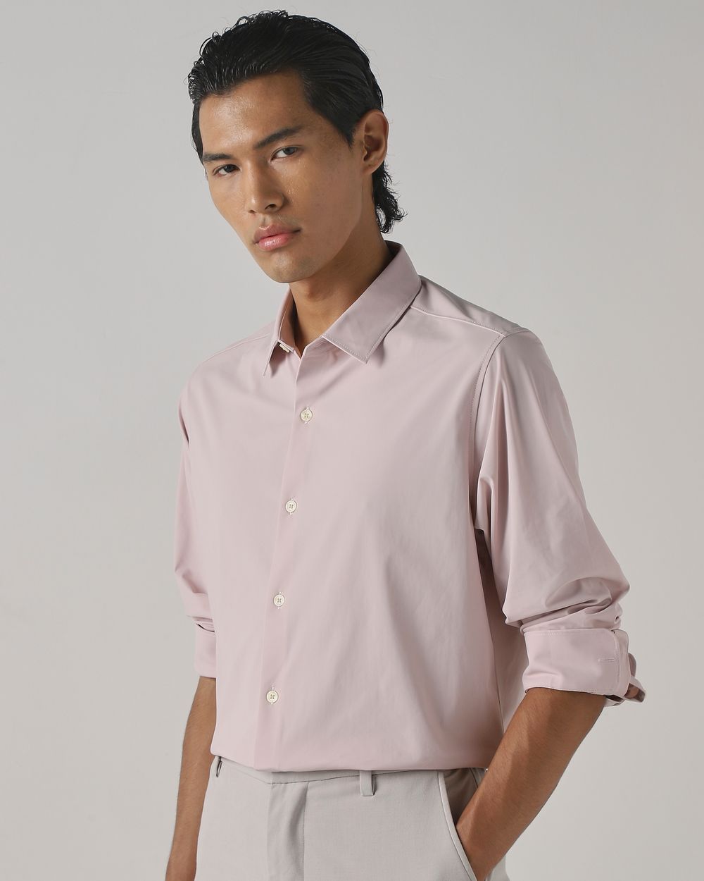 Pink Knitted Plain Stretch Slim Fit Casual Shirt
