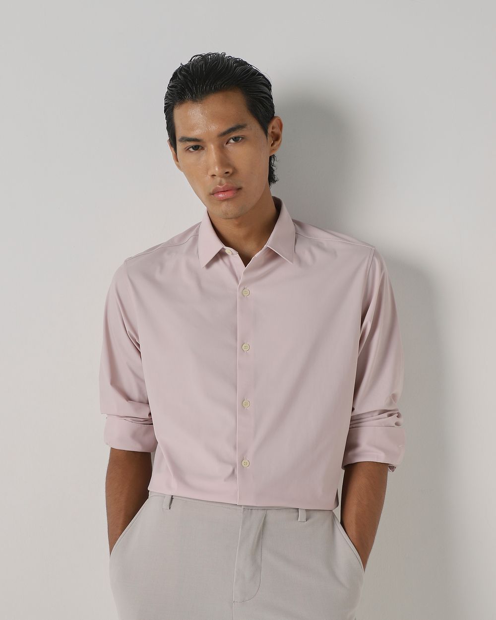 Pink Knitted Plain Stretch Slim Fit Casual Shirt