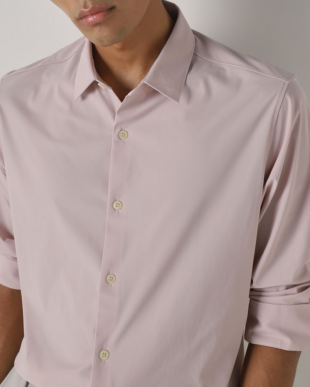 Pink Knitted Plain Stretch Slim Fit Casual Shirt