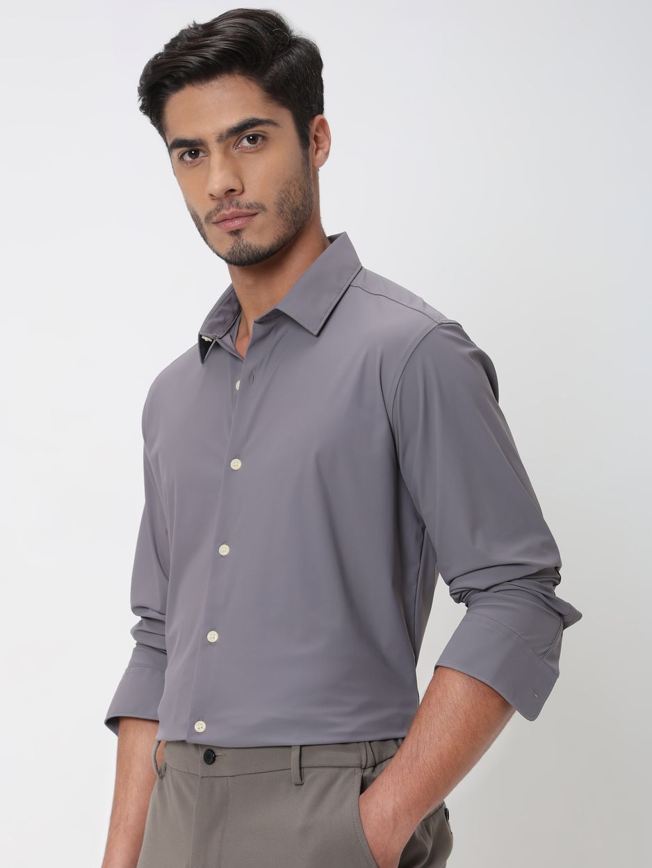 Grey Knitted Plain Stretch Slim Fit Casual Shirt