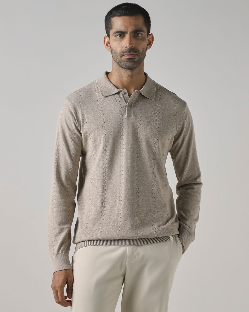 Beige Textured Flatknit Slim Fit Flatknit