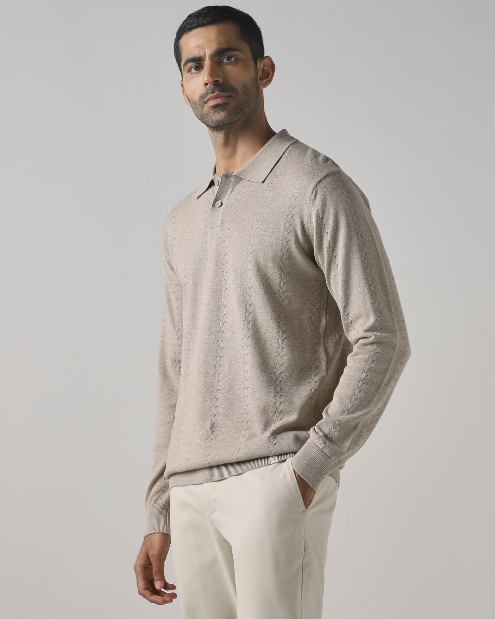 Beige Textured Flatknit Slim Fit Flatknit