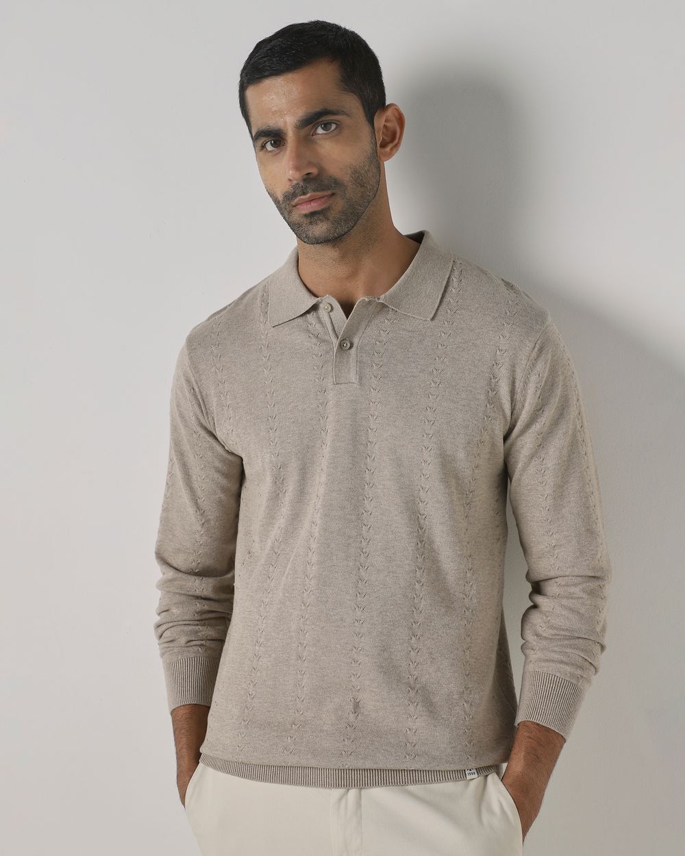 Beige Textured Flatknit Slim Fit Flatknit