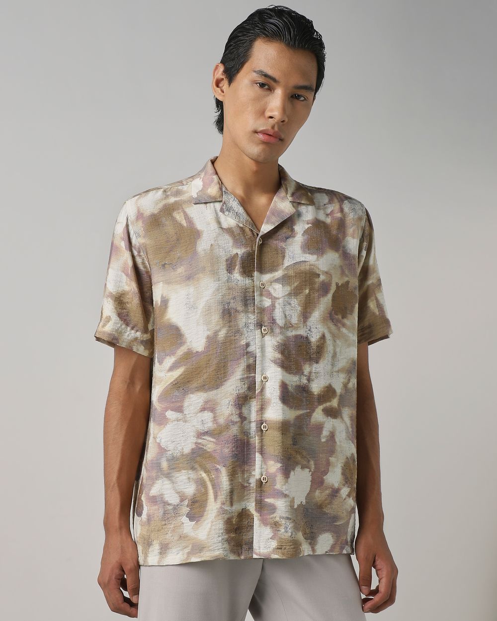 Beige Abstract Print Relaxed Fit Casual Shirt