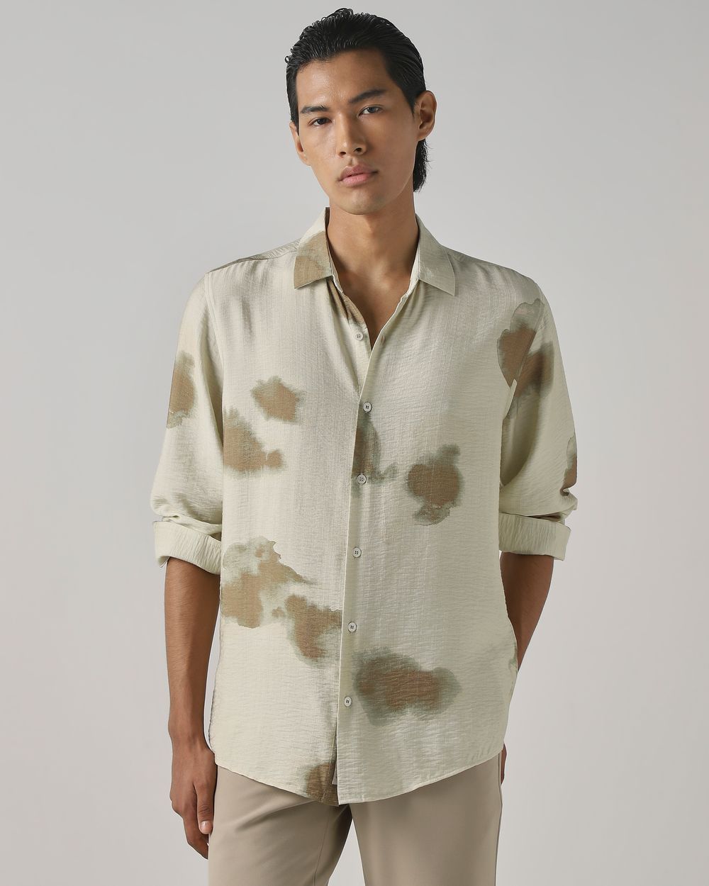 Beige Abstract Print Slim Fit Casual Shirt