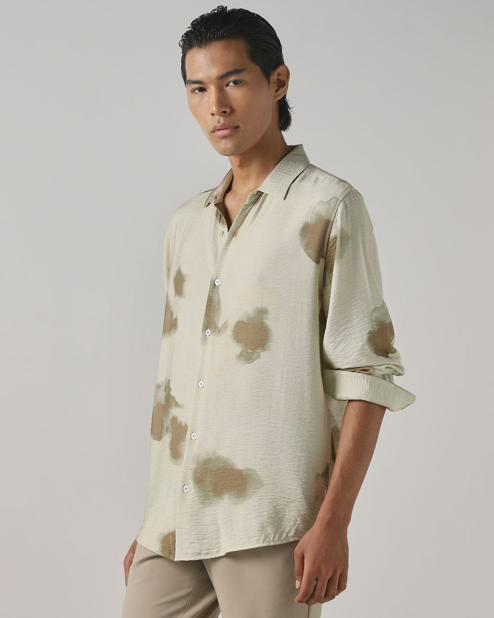Beige Abstract Print Slim Fit Casual Shirt