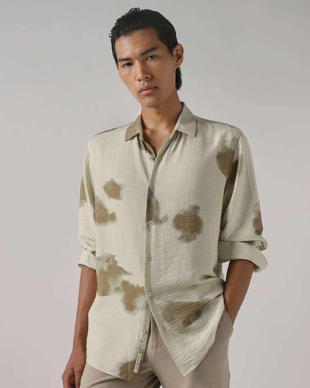Beige Abstract Print Slim Fit Casual Shirt