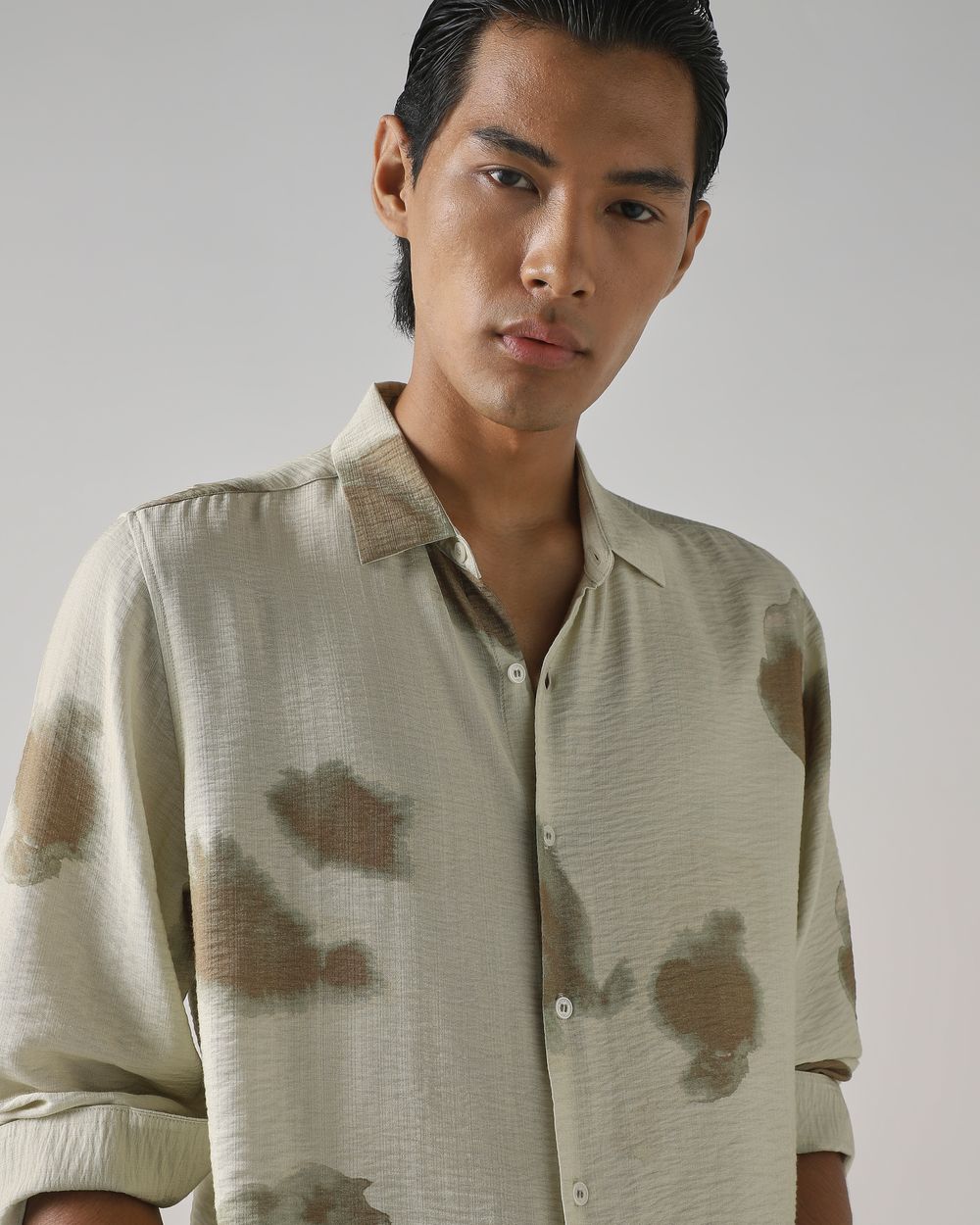 Beige Abstract Print Slim Fit Casual Shirt