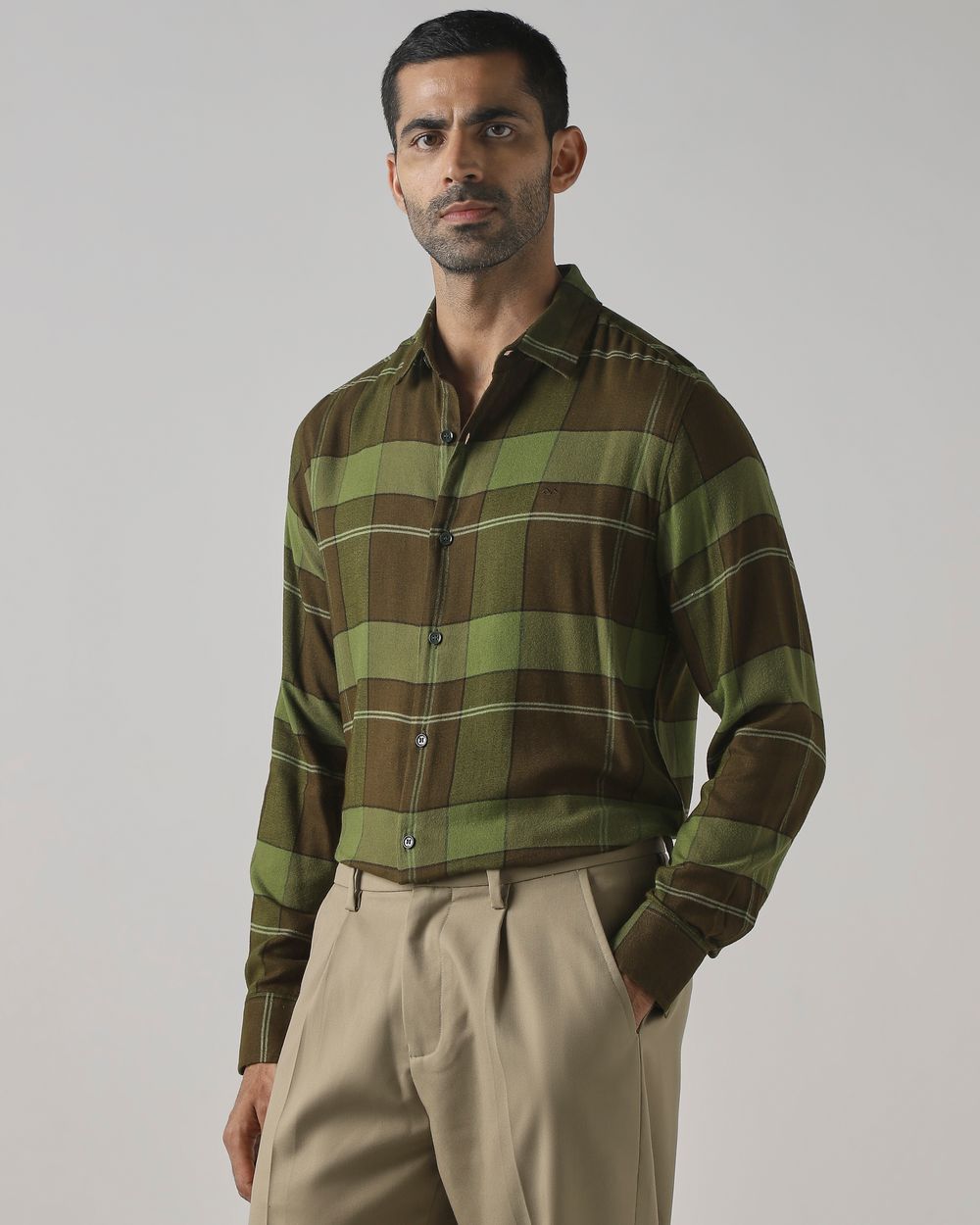 Olive Flannel Check Slim Fit Casual Shirt