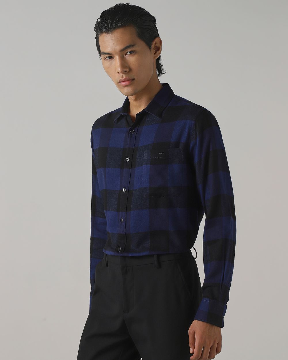 Navy Flannel Check Slim Fit Casual Shirt