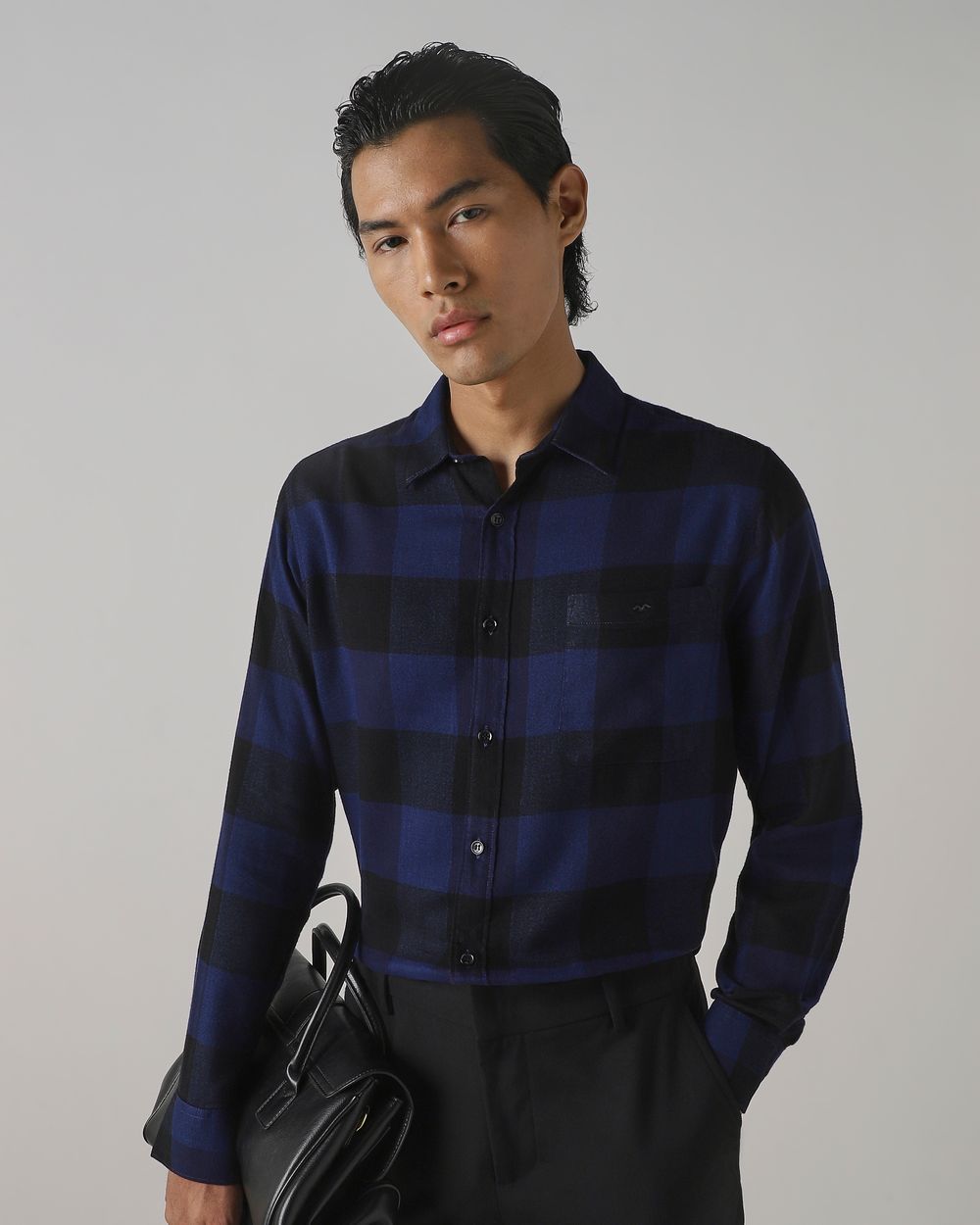 Navy Flannel Check Slim Fit Casual Shirt